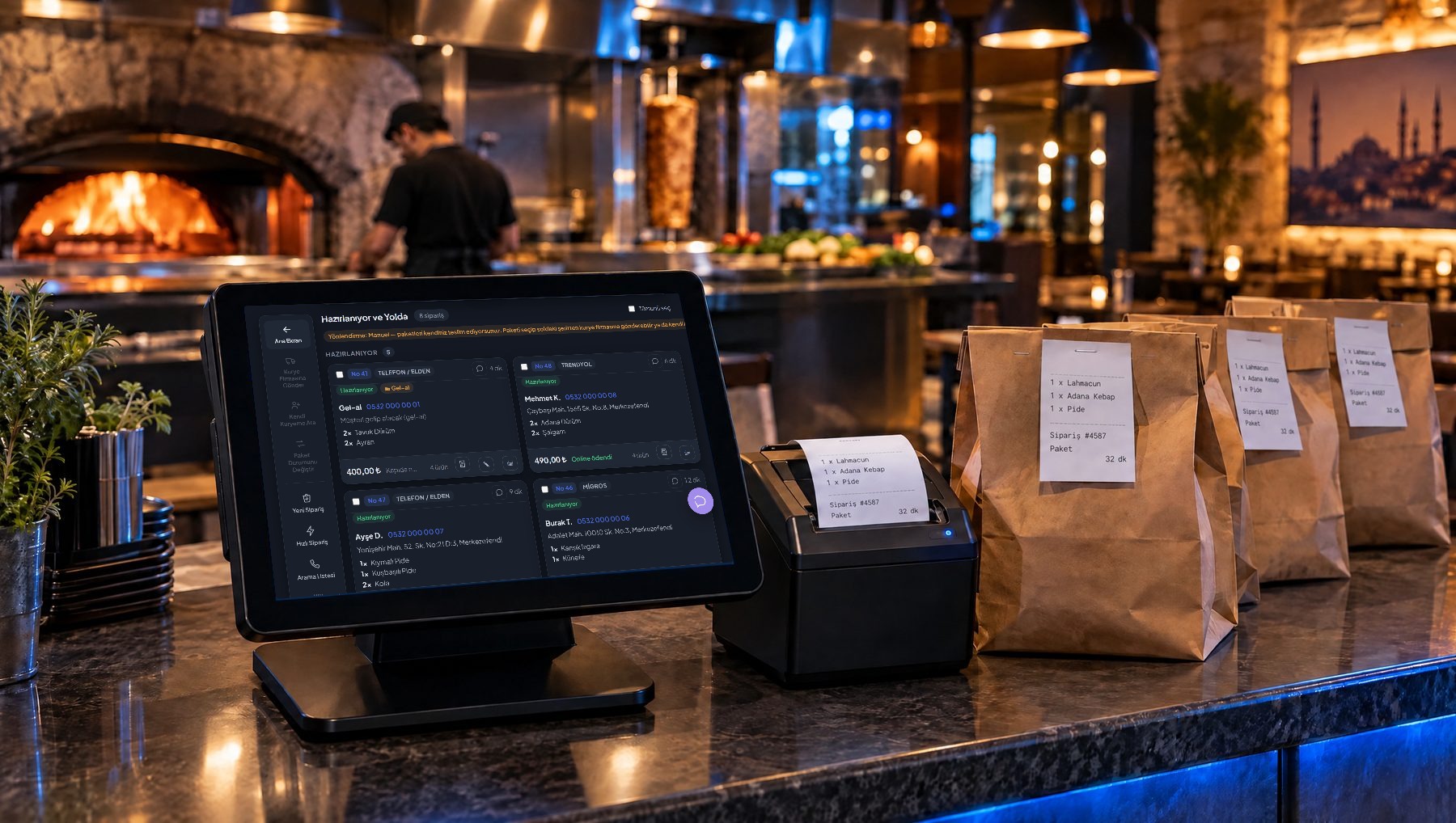 Restoran tezgâhında Kenvix POS ekranı, yanında fiş yazıcısı ve hazır paket siparişleri