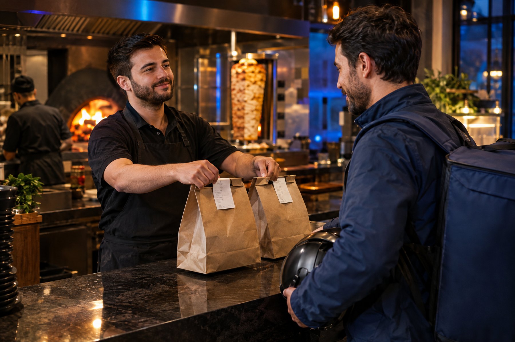 Restoran tezgâhında fişli paketleri kuryeye teslim eden personel